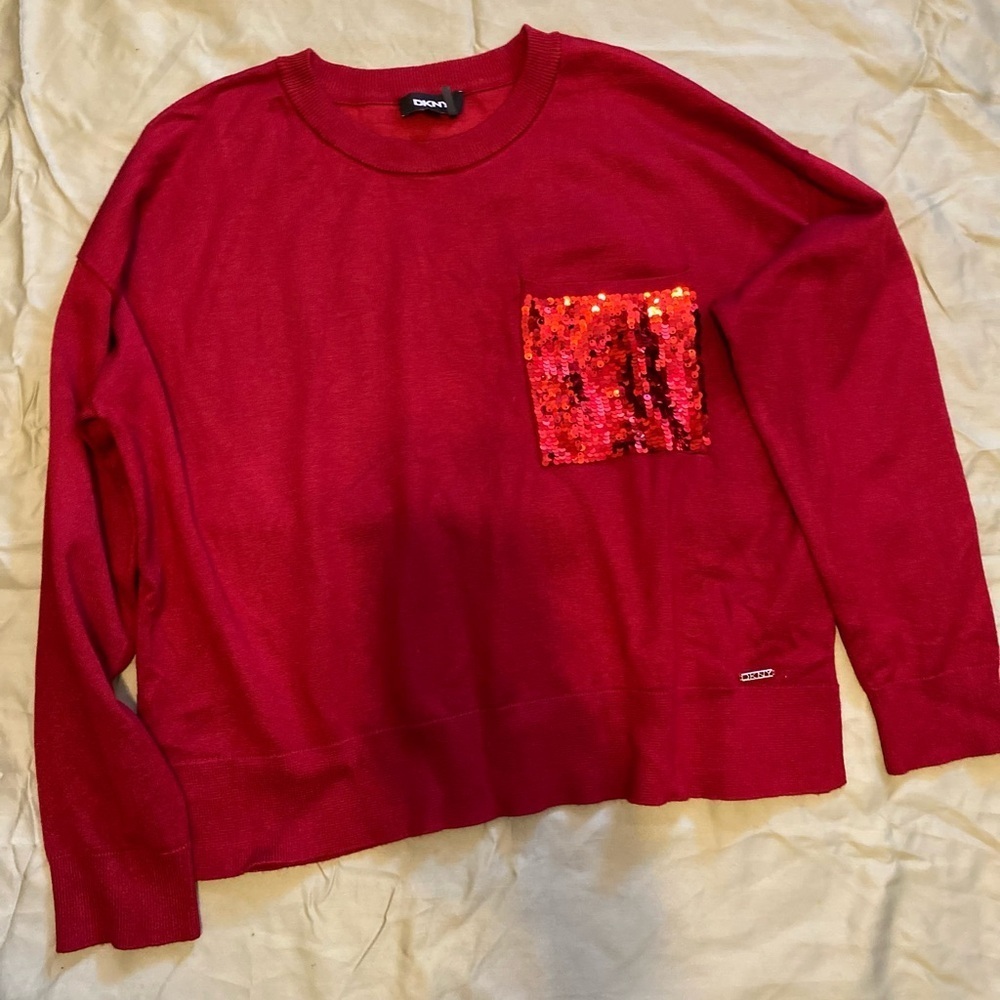 DKNY Vibrant Red Sweater with Sequin Accent - Size M - Picture 2 of 12